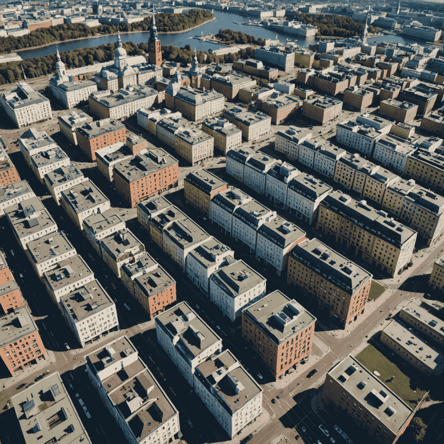 Ilmakuva Helsingin keskustasta, jossa näkyy moderneja asuinrakennuksia ja toimistotorneja