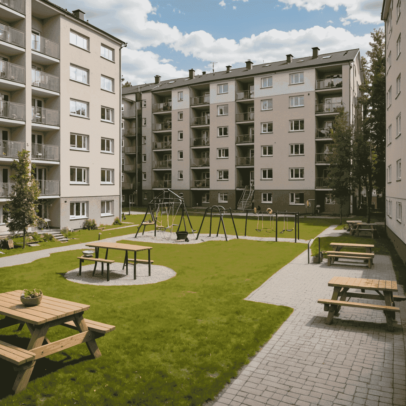 Kuva suomalaisesta taloyhtiön pihasta, jossa on leikkialue ja grillipaikka. Taustalla näkyy kerrostaloja, mikä kuvastaa yhteisöllistä asumista Suomessa.